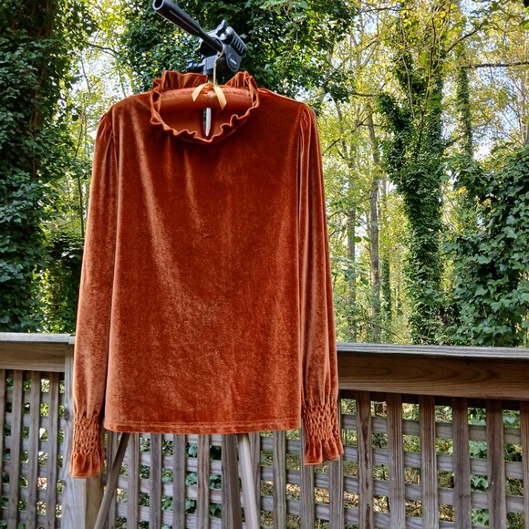 Romantic Rust Velvet Long Sleeved Shirred Wrists & Ruffled Cuss & Neck Top Sz M - Picture 9 of 9